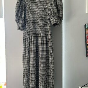 Ganni Monochrome Checkered Puffed Sleeve Dress